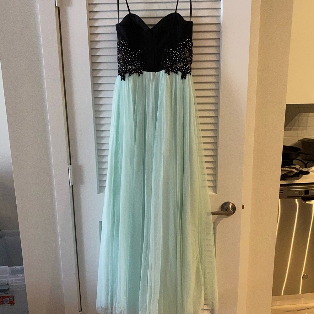 Teal blue and black prom dress
